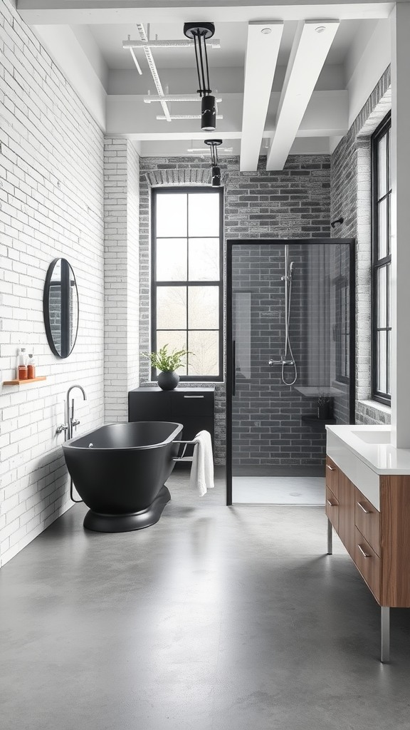 A modern urban Scandinavian bathroom with a black bathtub, large windows, and a mix of white and gray exposed brick walls.