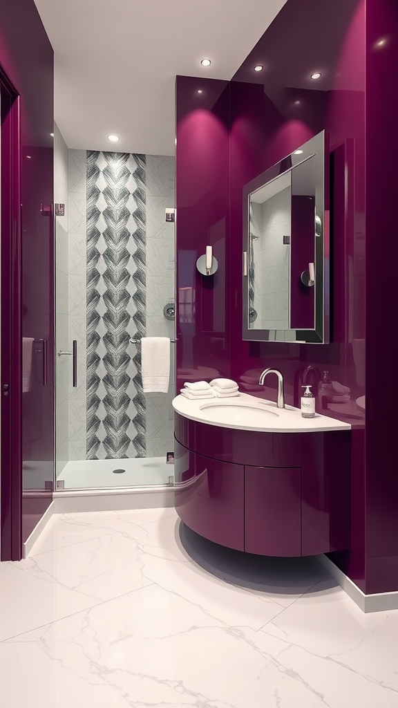 A modern bathroom featuring velvety plum walls and a silver-accented mirror.