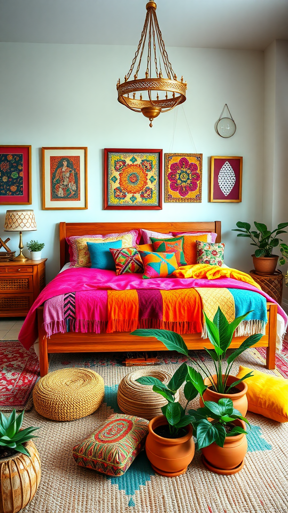 A vibrant Moroccan boho bedroom featuring colorful textiles, plants, and artistic wall decor.