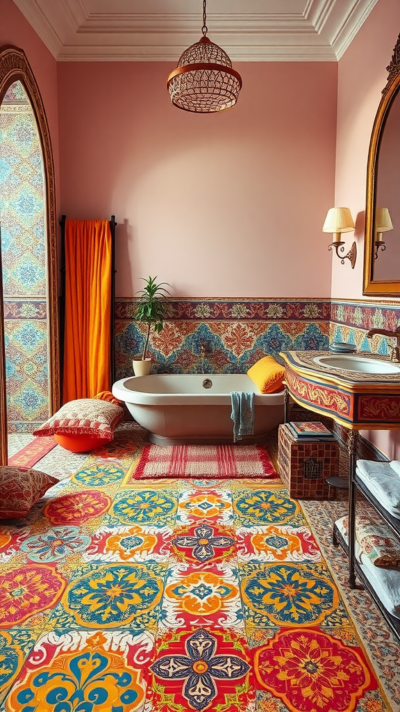 A vibrant Moroccan bathroom featuring colorful patterned tiles, a freestanding bathtub, and decorative elements.