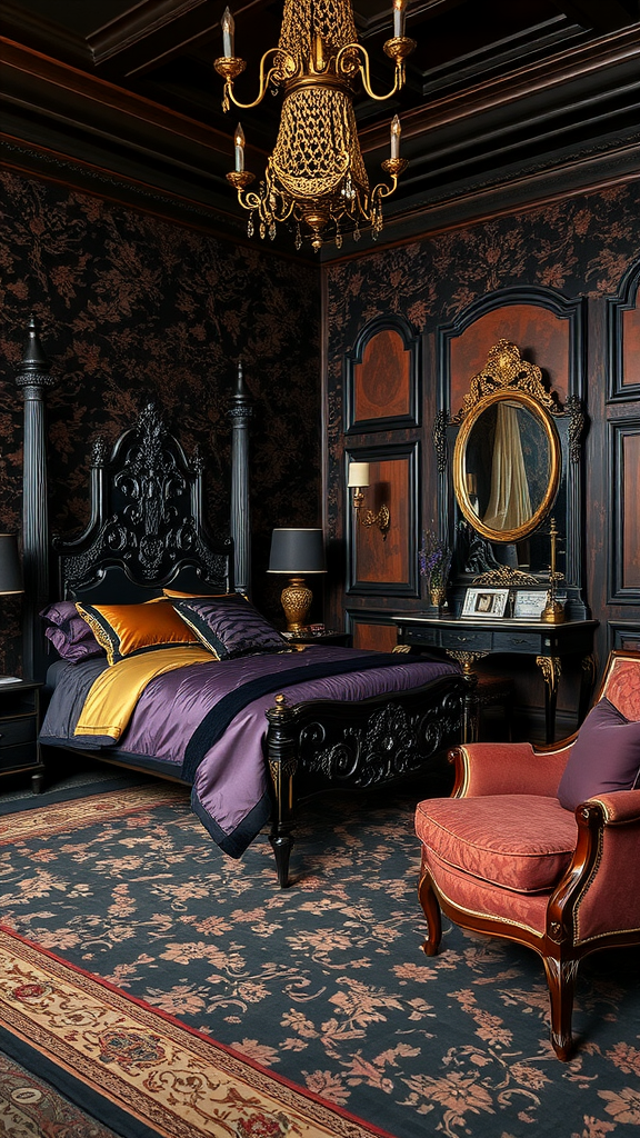 A luxurious Victorian dark bedroom featuring ornate black and gold decor, a grand bed with purple and gold bedding, and a cozy armchair.