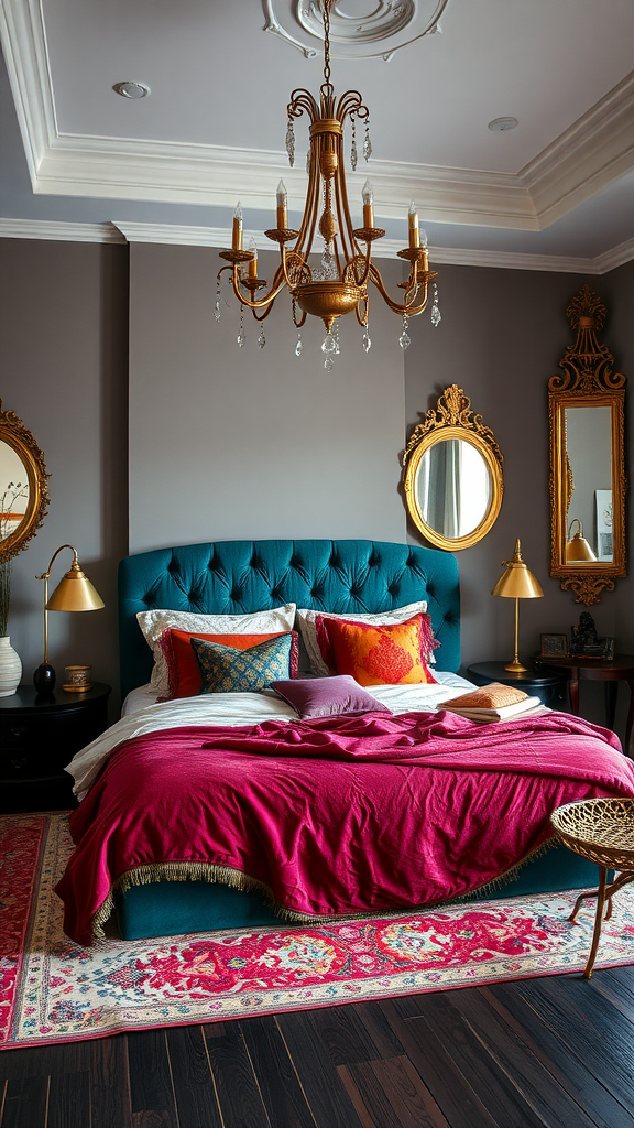 A stylish vintage bohemian bedroom featuring a teal tufted headboard, rich red bedding, and elegant decor.