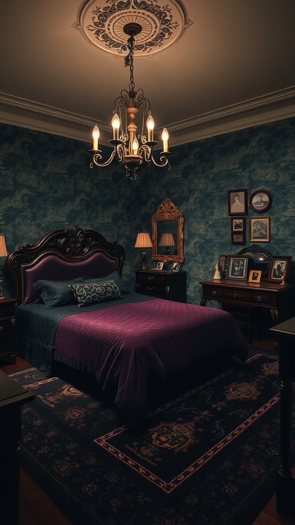 A vintage dark bedroom featuring a purple bedspread, ornate chandelier, and dark wood furniture.