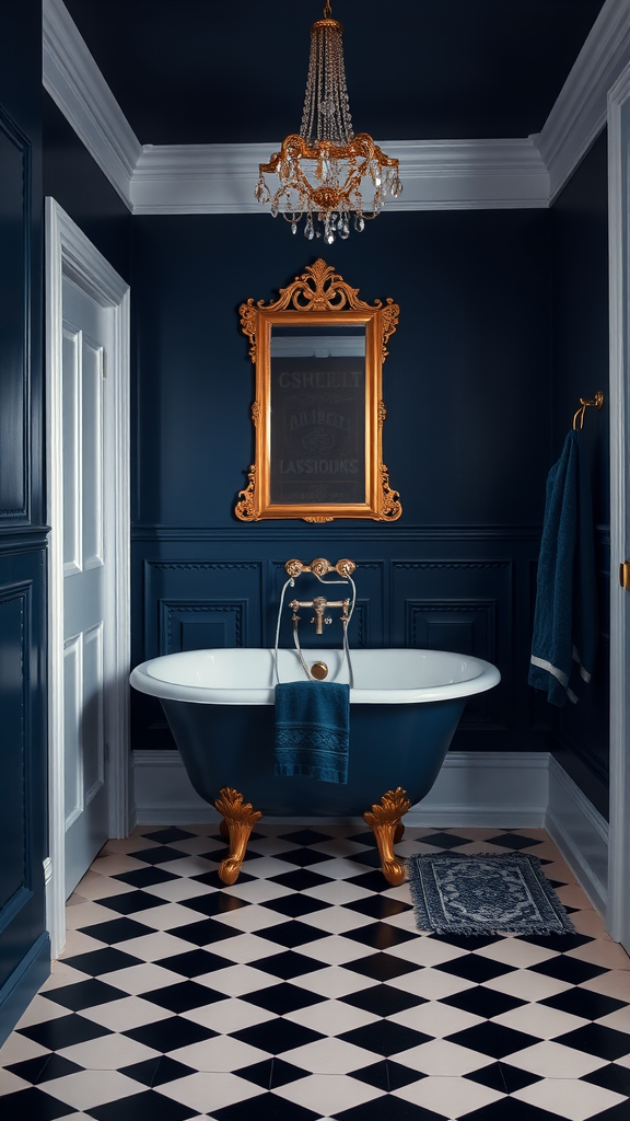 Vintage dark blue bathroom with a freestanding tub, gold accents, and a chandelier