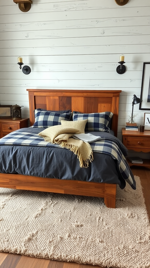 Cozy vintage farmhouse bedroom featuring a wooden bed, plaid bedding, and soft textures.