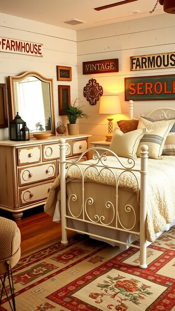 A cozy vintage farmhouse bedroom featuring a white metal bed, wooden dresser, and charming decor.