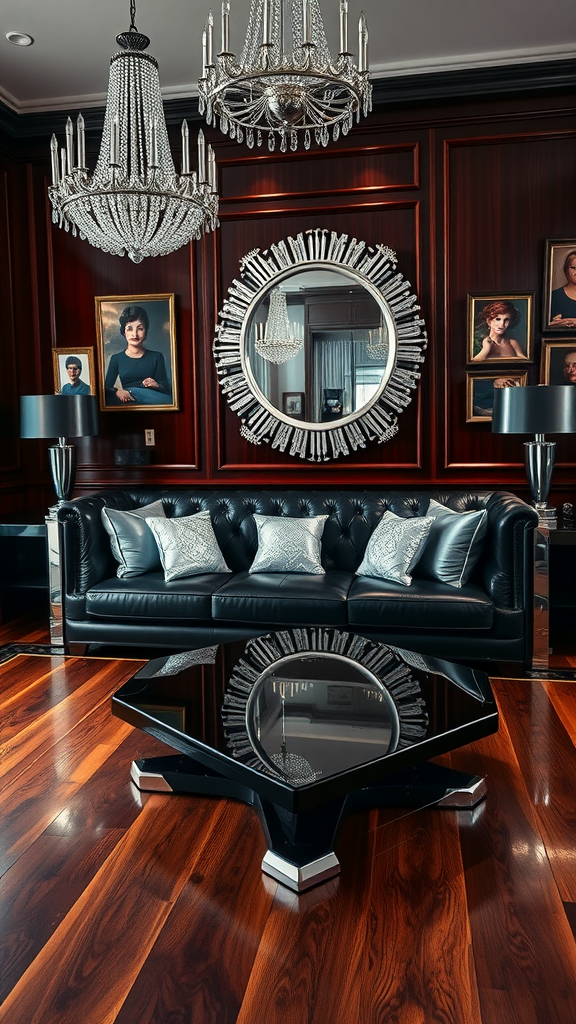 A luxurious living room featuring a black leather sofa, crystal chandeliers, and a mirrored coffee table, evoking vintage Hollywood glamour.