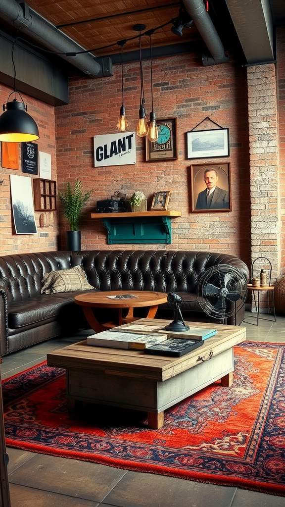 A vintage industrial lounge with a leather sofa, wooden coffee table, and warm lighting.