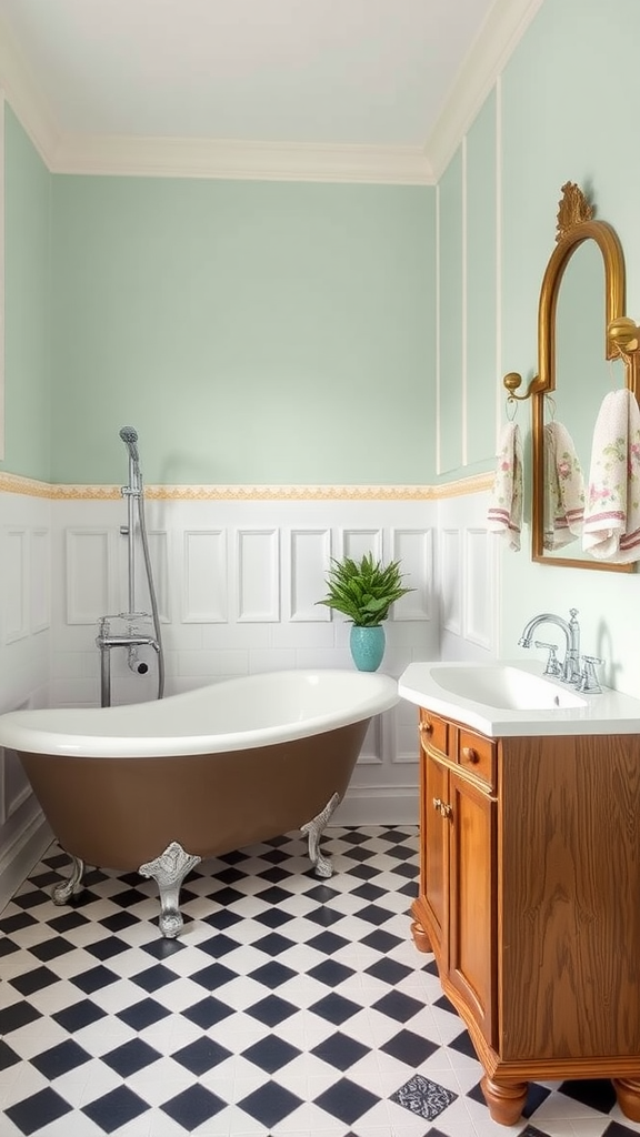 A vintage modern cottage bathroom featuring a clawfoot bathtub, checkered flooring, and a wooden vanity.