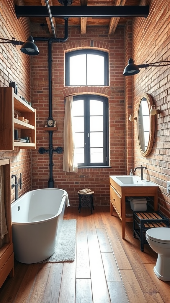 Vintage Parisian loft bathroom featuring exposed brick walls, a freestanding bathtub, wooden fixtures, and large windows.