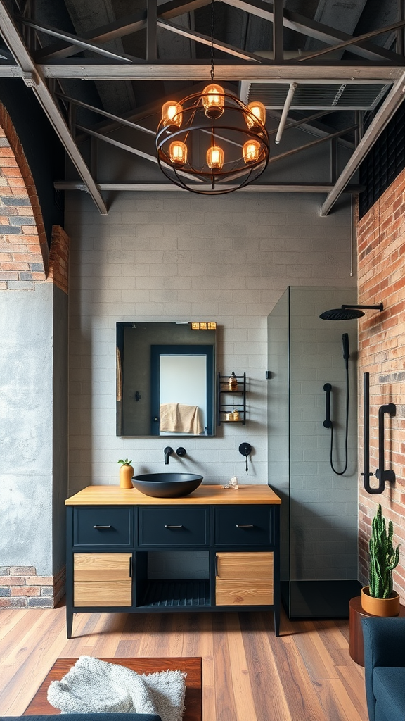 Industrial bathroom featuring exposed brick wall, wooden vanity, and glass shower.