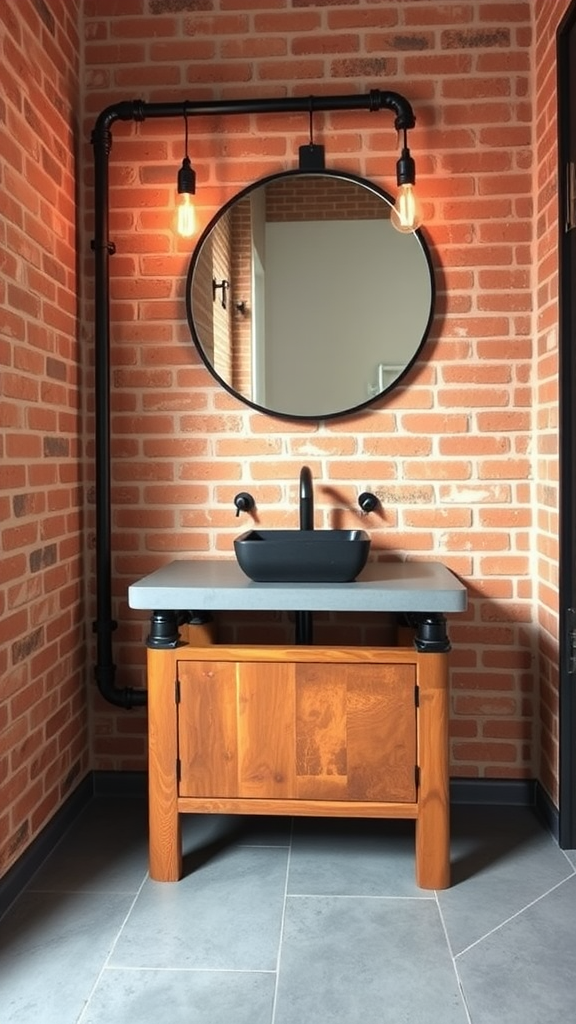 Stylish half bathroom with exposed brick walls, wooden vanity, and industrial lighting.