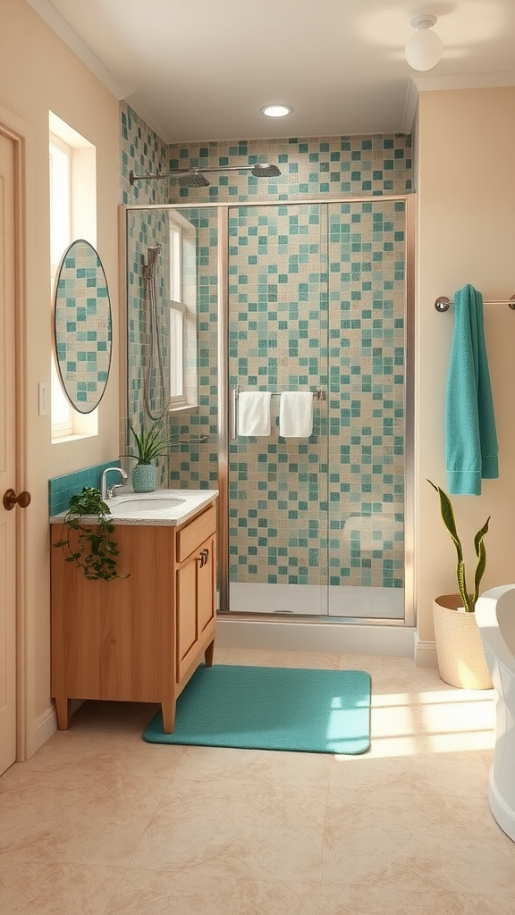 A bright bathroom featuring warm sand walls and teal mosaic tiles.