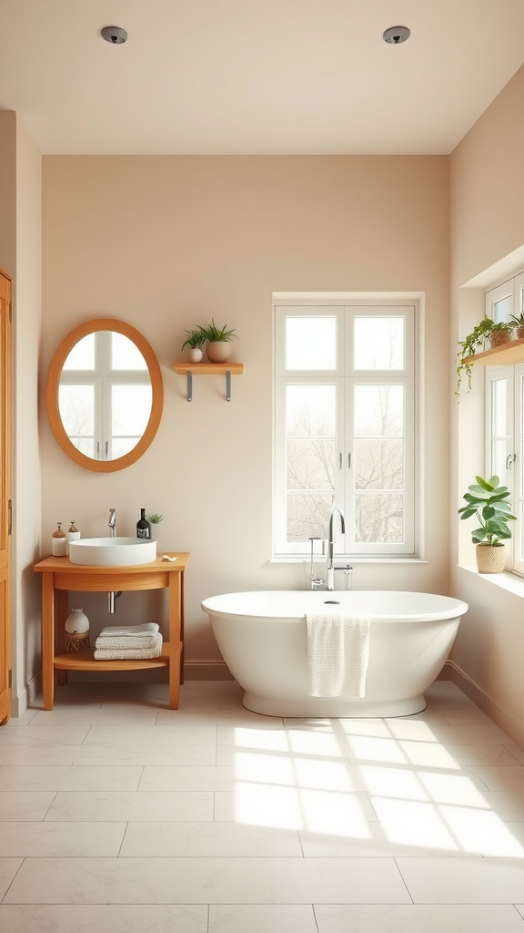 A warm Scandinavian bathroom with a freestanding tub, wooden accents, and natural light.