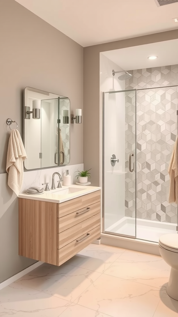 A modern bathroom featuring warm taupe walls, cream cabinetry, and a stylish shower area.