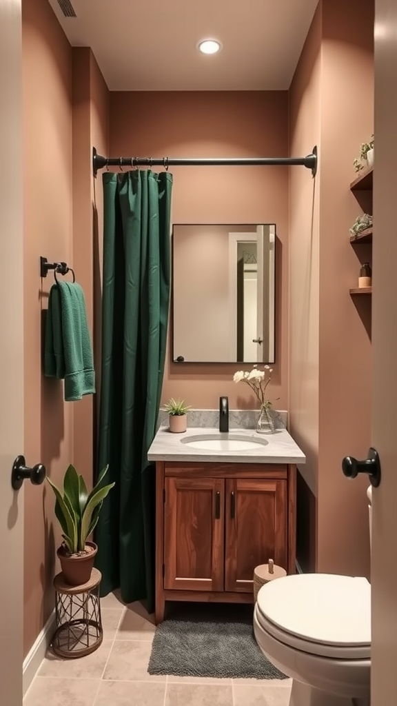 A small bathroom featuring warm taupe walls and forest green accents, including a shower curtain and towels.