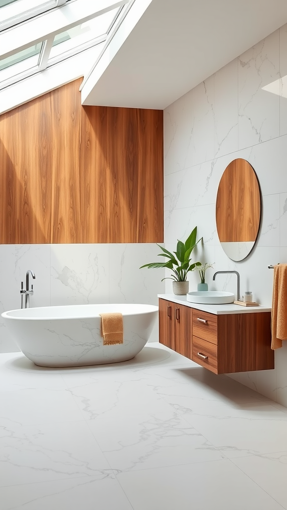 A stylish bathroom featuring warm teak wood accents and sleek marble surfaces.