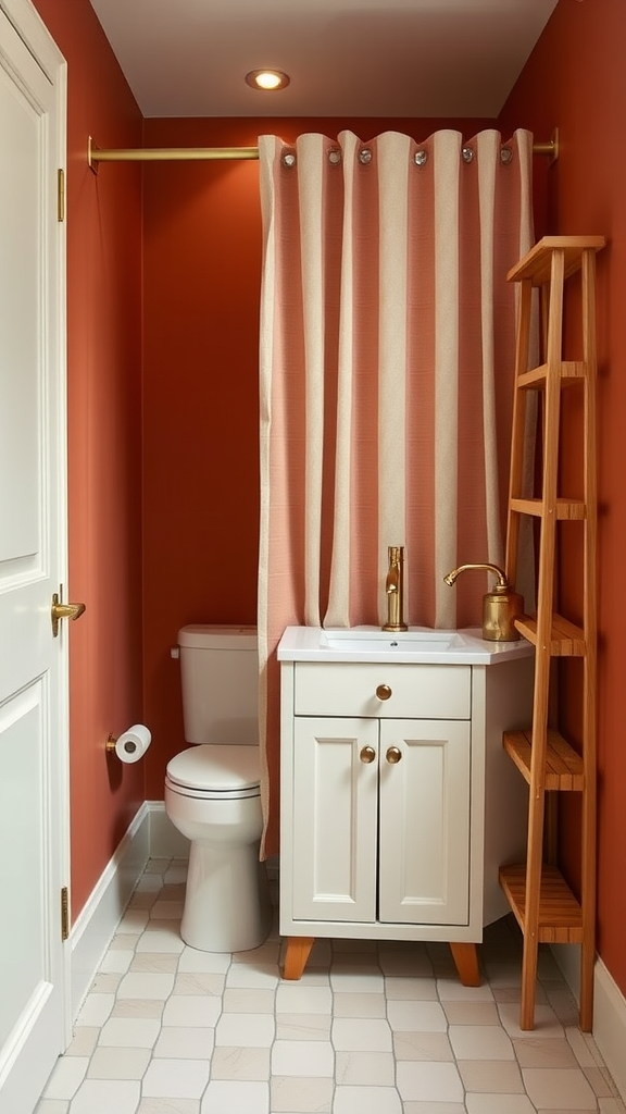 Small bathroom with warm terracotta walls and ivory accents, featuring a white cabinet and wooden shelving.