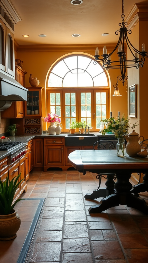 Warm Tuscan kitchen with wooden cabinets and a dining table