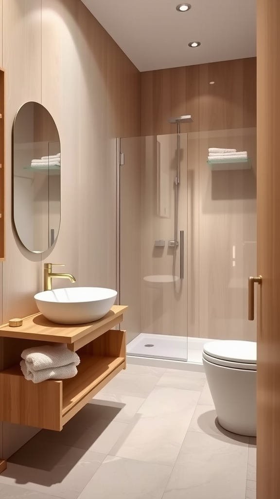 Minimalist bathroom featuring warm wood accents with a wooden vanity, circular mirror, and glass shower.