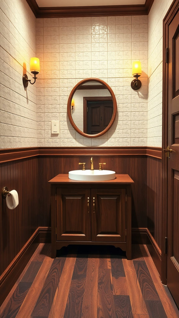 A bathroom with warm wood cabinetry, beige wall tiles, and golden lighting fixtures.