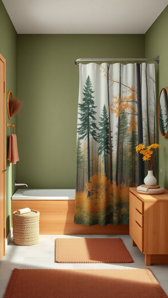 A cozy bathroom with a forest-themed shower curtain, green walls, and wooden accents.