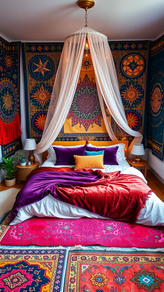 A cozy bohemian bedroom featuring vibrant tapestries, richly colored bedding, and layered rugs, creating a whimsical and inviting atmosphere.