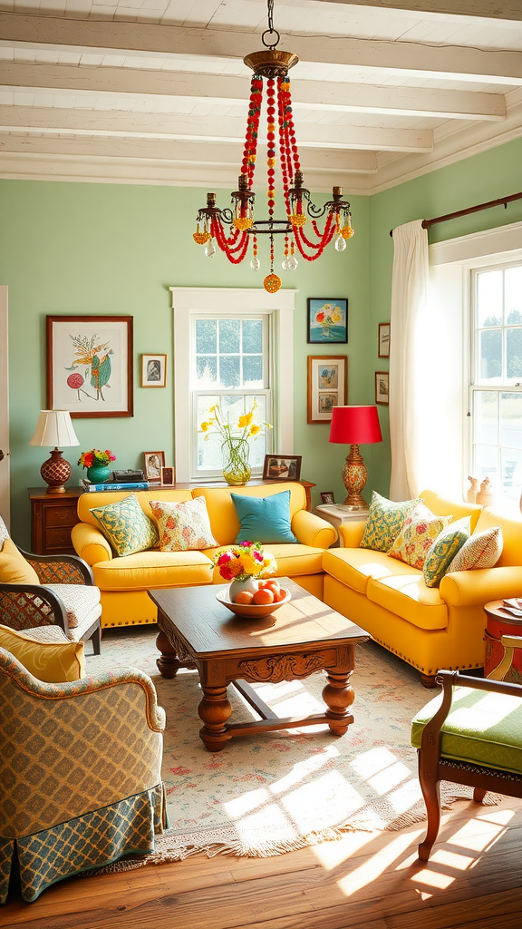 A cheerful cottage living room with bright yellow sofas, green walls, and a colorful chandelier.