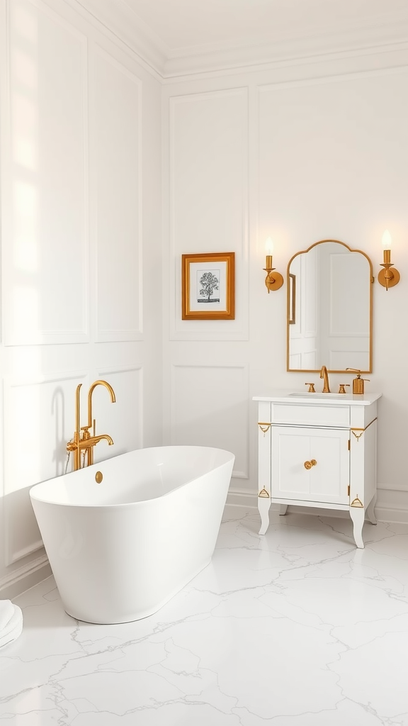 A minimalist bathroom featuring white walls and a freestanding tub with gold fixtures.