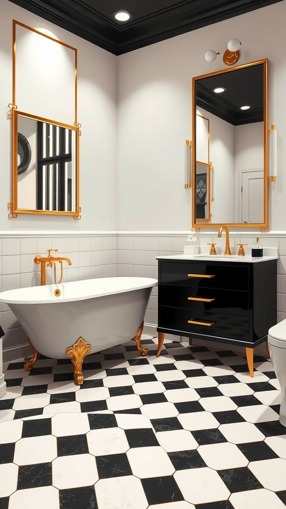 Art Deco bathroom with white, black, and brass elements featuring a freestanding tub, checkerboard floor, and elegant mirrors.