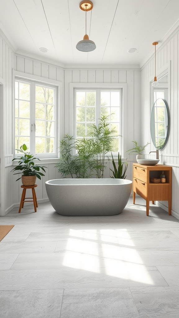 Bright and serene bathroom featuring a freestanding tub, whitewashed timber walls, and green plants