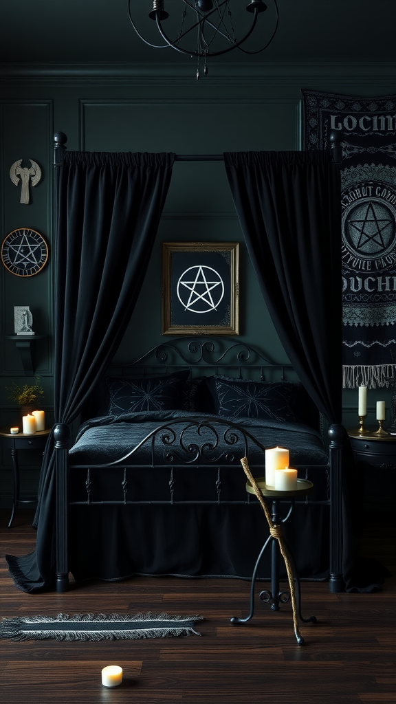 A dark bedroom with a four-poster bed, black curtains, candles, and witchy decor.