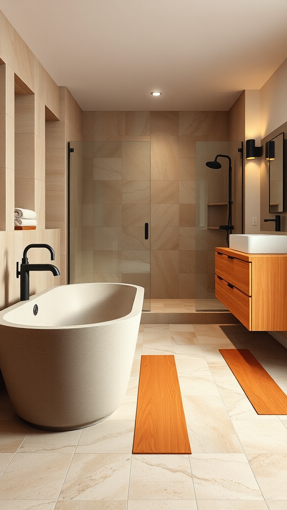 A minimalist bathroom featuring wooden accents and stone tiles, with a freestanding tub and a glass shower.