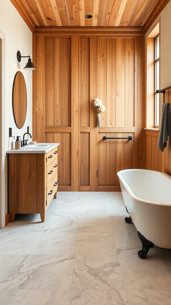 A modern farmhouse bathroom featuring wooden walls and ceiling, a marble floor, a freestanding bathtub, and a wooden vanity.