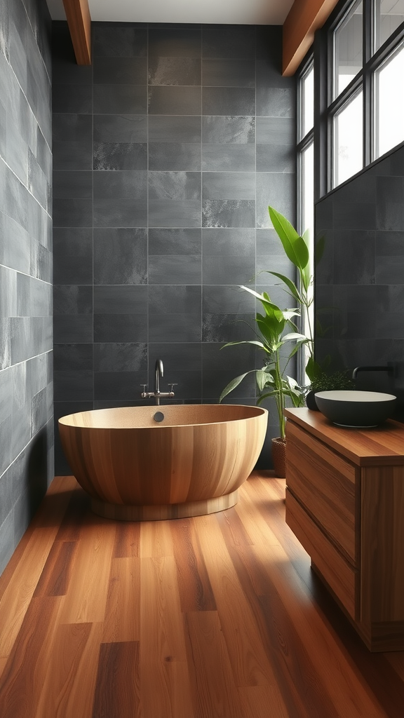 A modern bathroom featuring a wooden bathtub, slate walls, and wooden flooring with a plant