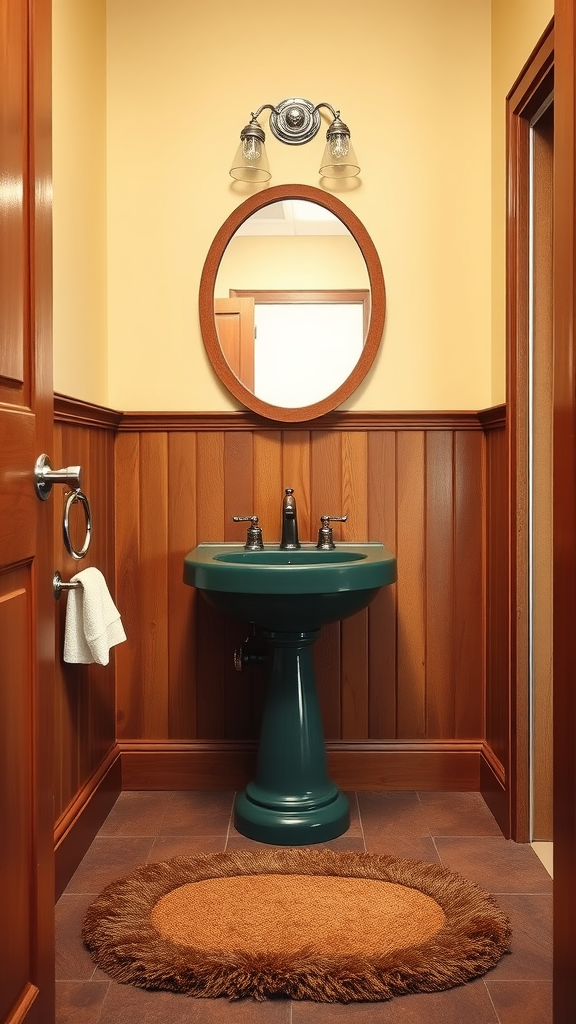 A vintage 70s bathroom featuring wood paneling, a colorful sink, and a round mirror.