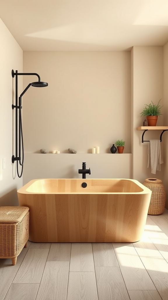 A wooden spa-inspired cottage bathroom featuring a wooden bathtub, black fixtures, and natural decor.