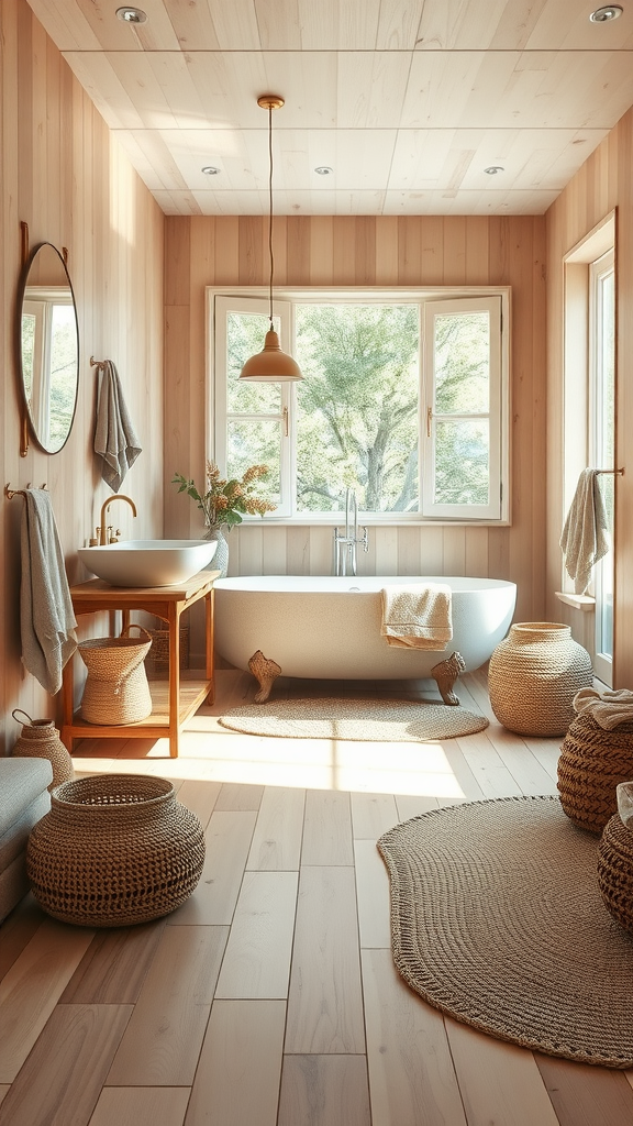 A serene bathroom with wooden paneling, a freestanding tub, and linen towels, featuring natural light and woven baskets.