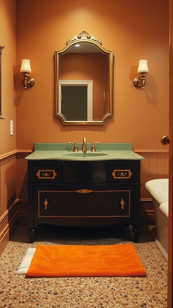 A vintage bathroom featuring a wooden vanity, orange walls, and a green countertop, illustrating 70s decor style