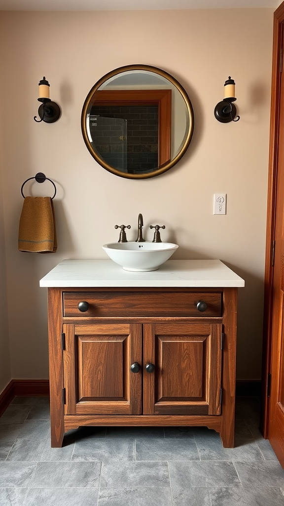 A wooden vanity with a marble countertop and round sink in a rustic bathroom.