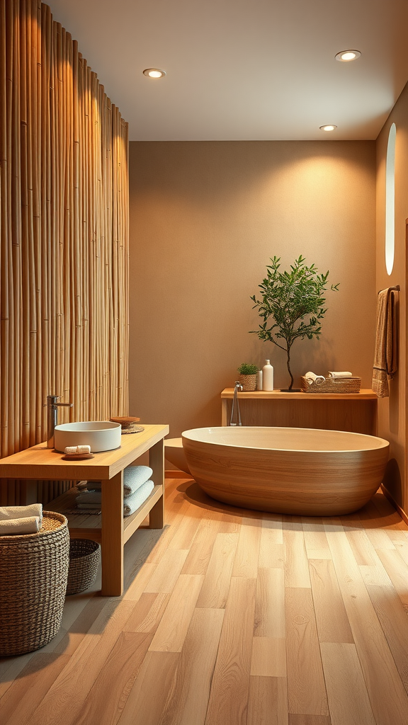 A serene wooden bathroom with a bathtub, natural decor, and bamboo accents.