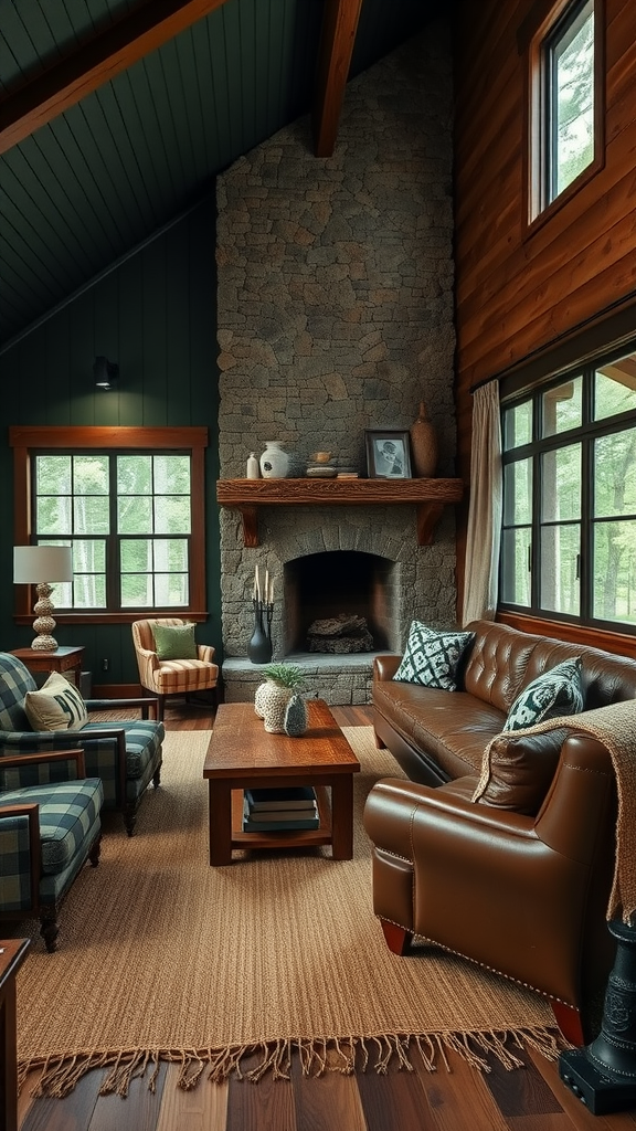 Cozy woodland cottage living room with stone fireplace and wooden decor