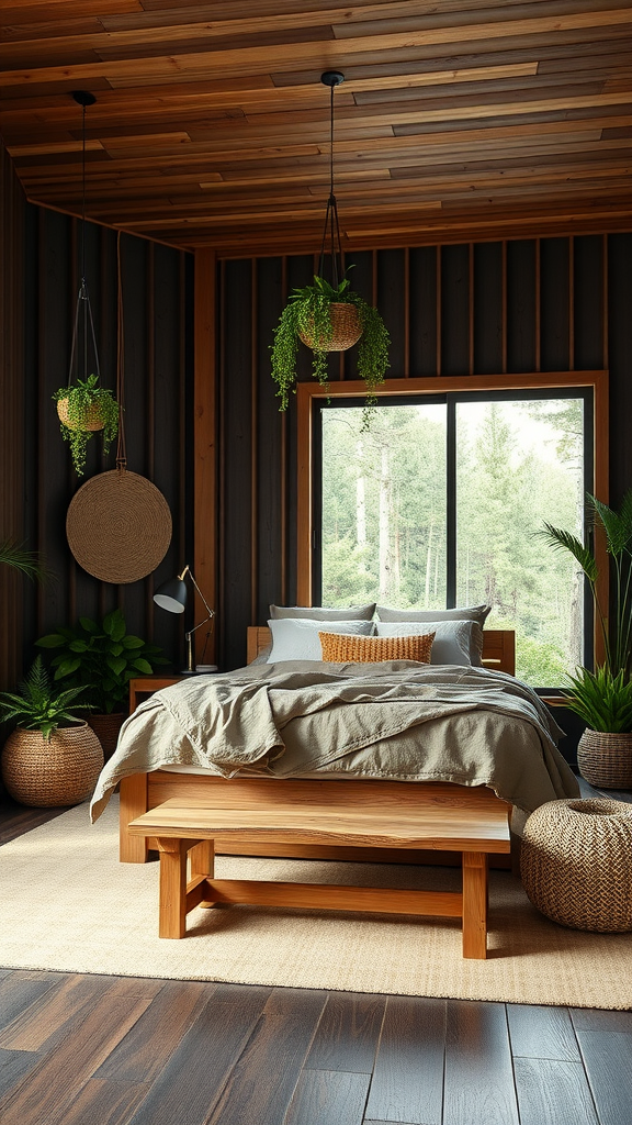 A modern rustic bedroom with wooden elements, plants, and a large window view.