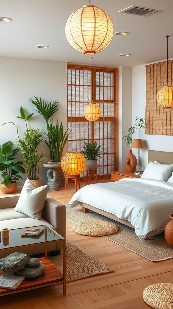 A cozy Zen-inspired living room-bedroom combo with natural elements, plants, and warm lighting.