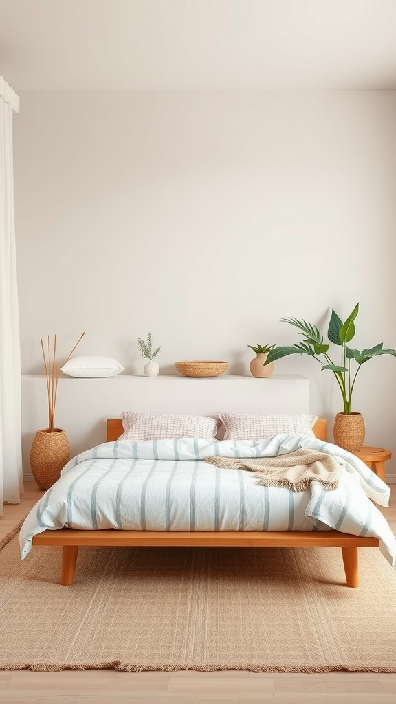 A serene bohemian bedroom with a wooden bed, soft linens, potted plants, and a jute rug.