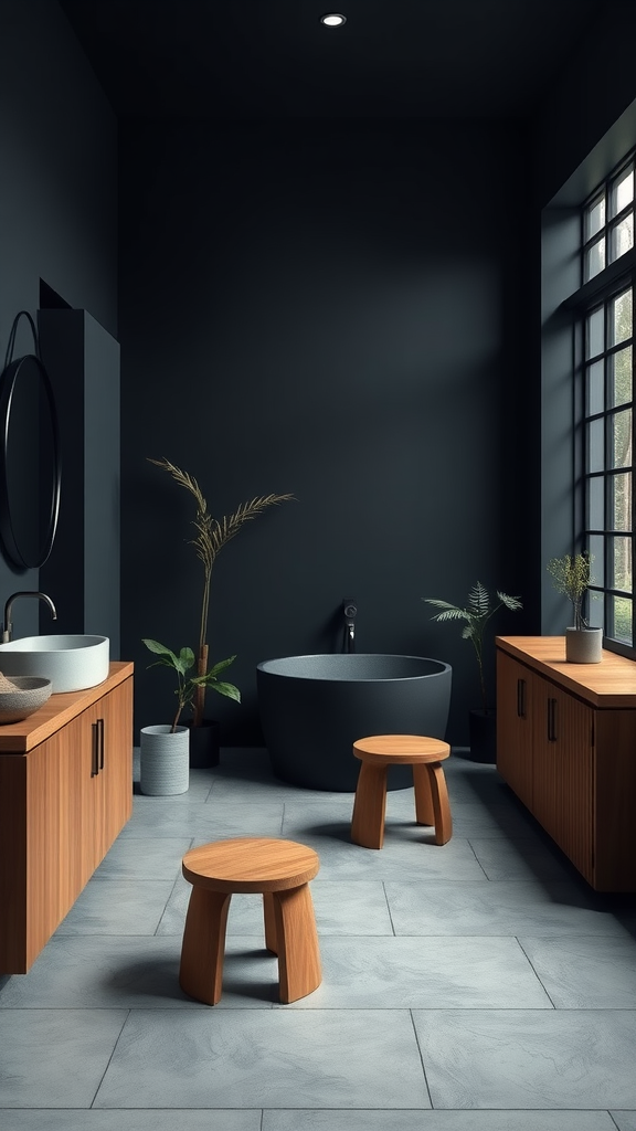 A zen-inspired dark blue bathroom with wooden accents and plants.