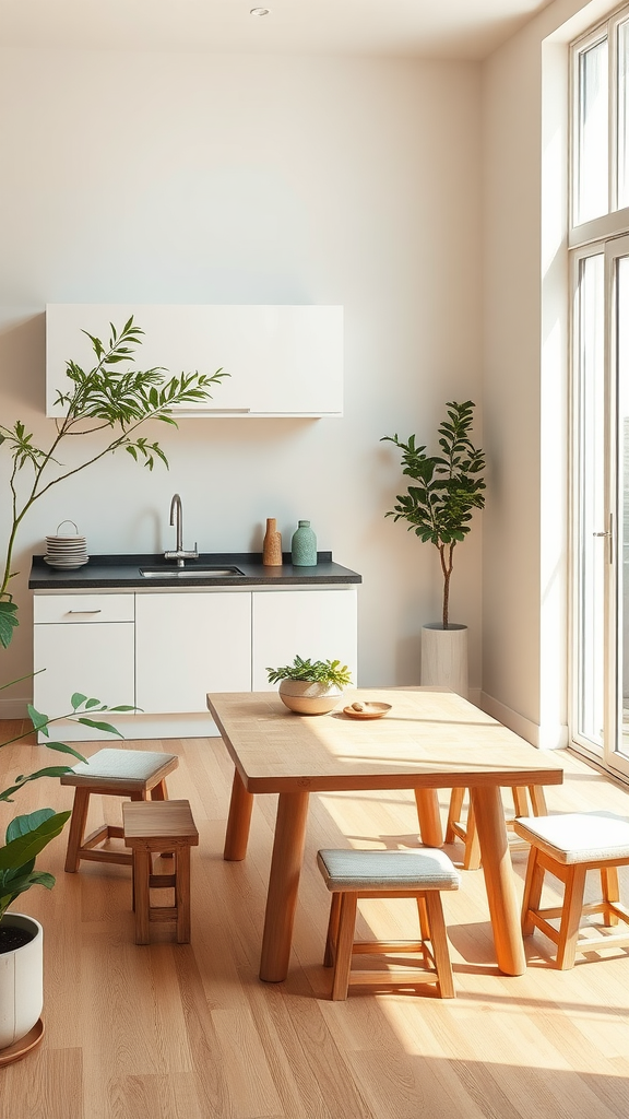 A zen minimalist kitchen and dining area featuring a wooden table, simple stools, and plants, with natural light illuminating the space.