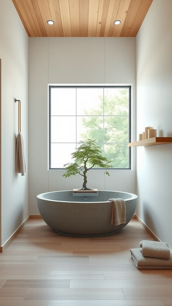 A minimalist bathroom featuring a round bathtub, a small plant, and natural wood elements