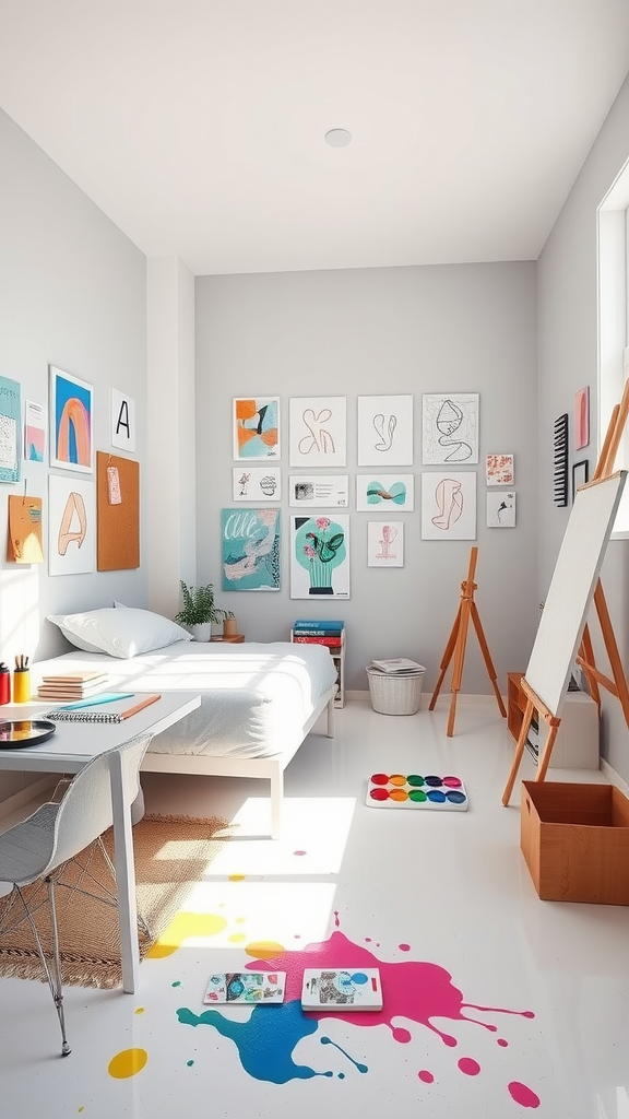 Artistic dorm room with colorful paintings, corkboard, easel, and splattered floor.