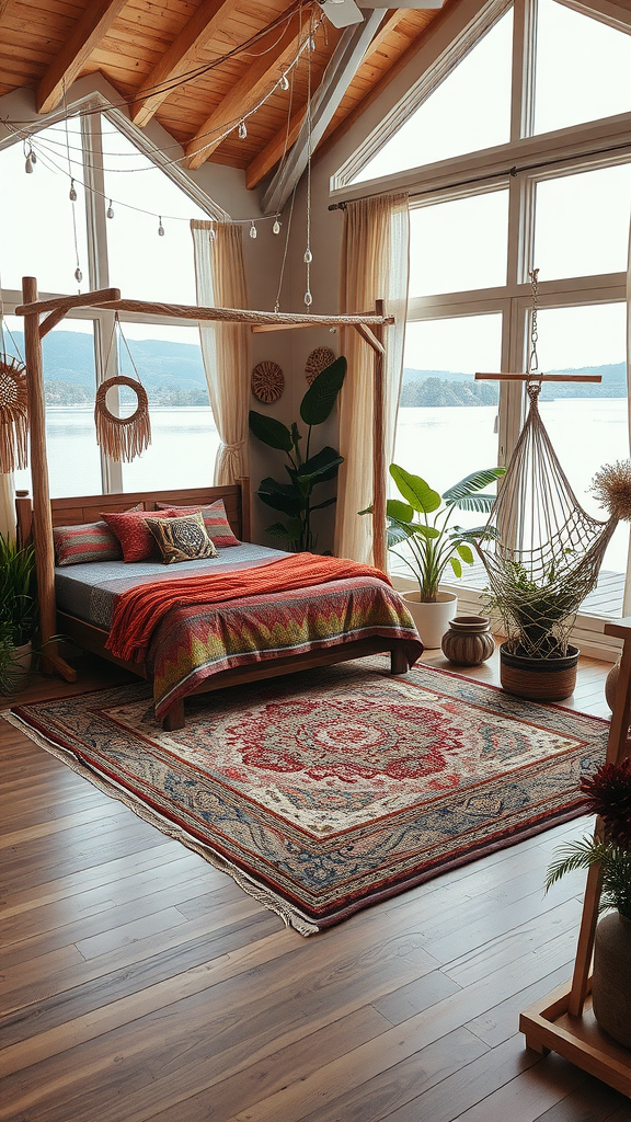 A cozy Bohemian lake house bedroom with large windows, a wooden canopy bed, colorful blankets, plants, and a vibrant area rug.